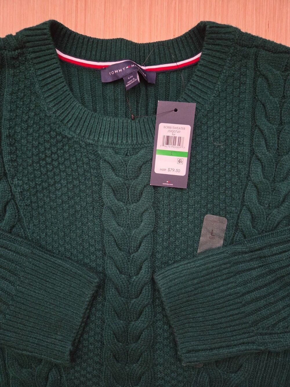 NEW Tommy Hilfiger Women's Large Cable Knit Bobbi Sweater Long Sleeve Dark Green